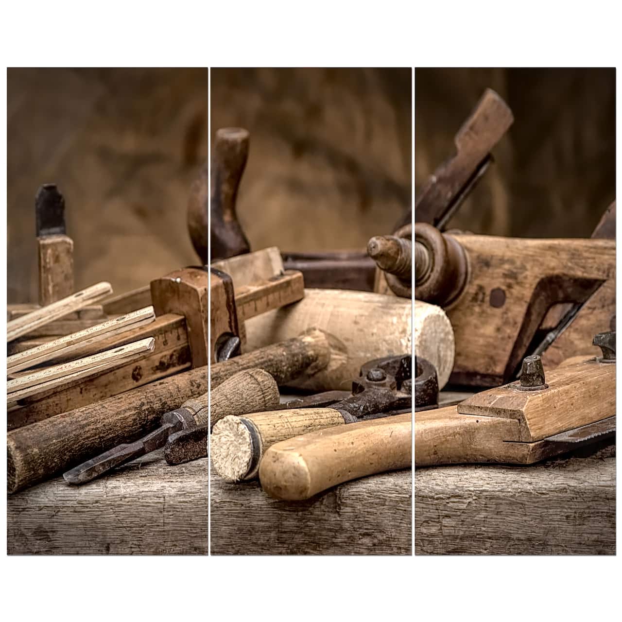 Designart - Vintage woodworking tools - Vintage Painting Print on Wrapped Canvas set